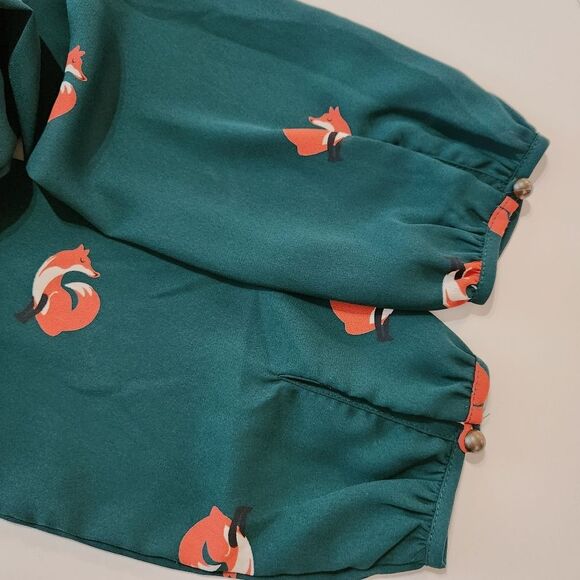 Everly Long Sleeve Shorts Romper Hunter Green Fox Print Lined Women's Size Small - Picture 9 of 12